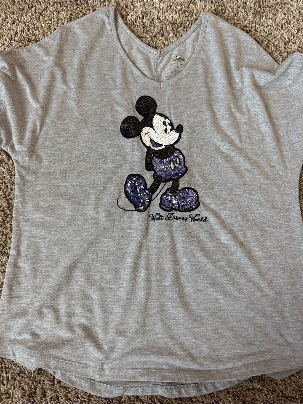 Disney Light Gray V-Neck Tee with Subtle Logo Print